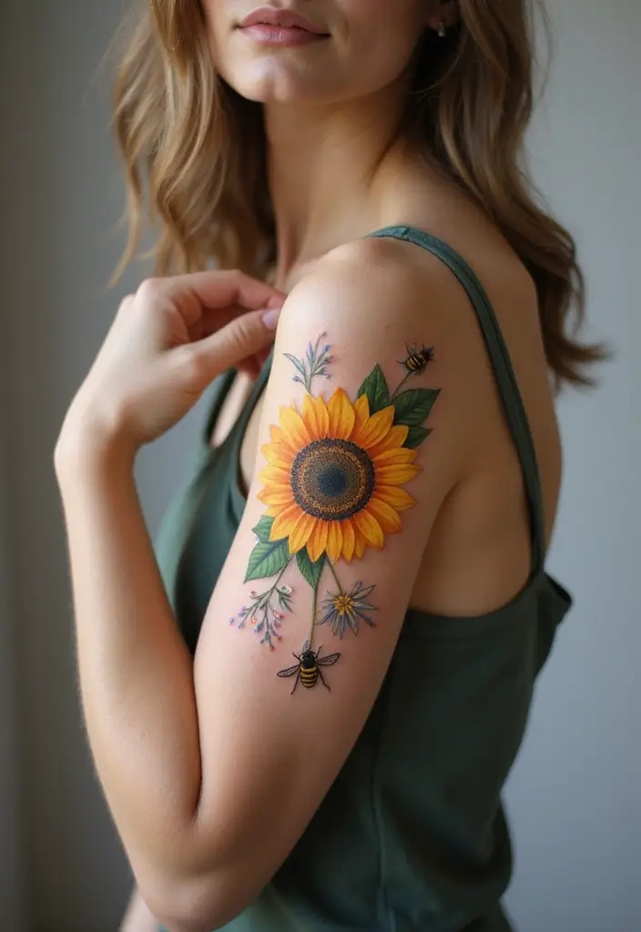 30 Native American Arm Tattoos with Deep Cultural Meaning 23 30 Native American Arm Tattoos with Deep Cultural Meaning - 23. The Sunflower: Happiness and Adoration