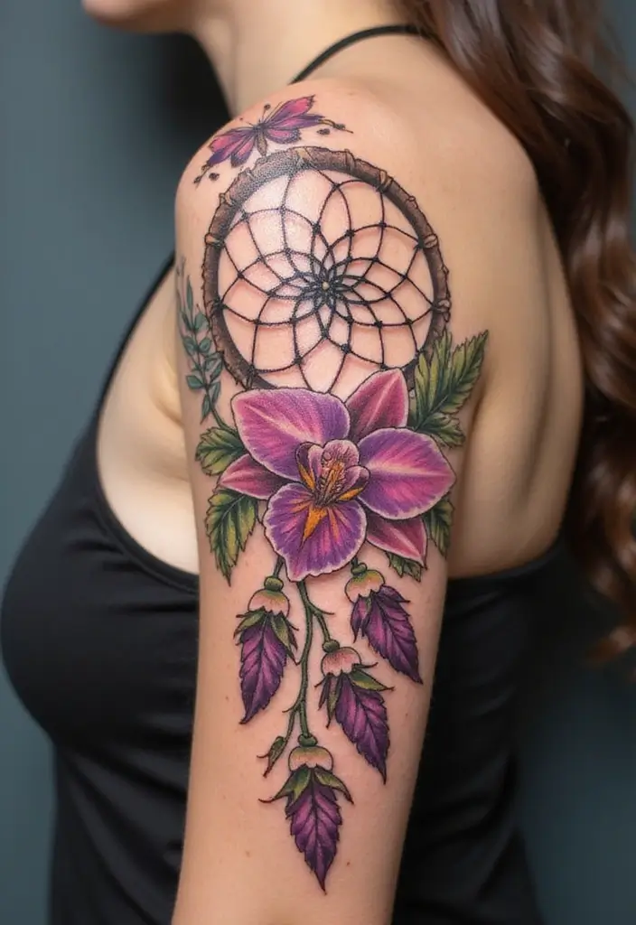 30 Orchid Tattoos That Represent Elegance and Beauty - 23. Orchid and Dreamcatcher Tattoo