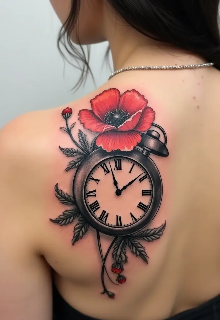 30 Poppy Tattoo Ideas with Symbolic Meanings 23 30 Poppy Tattoo Ideas with Symbolic Meanings - 23. Poppy and Clock