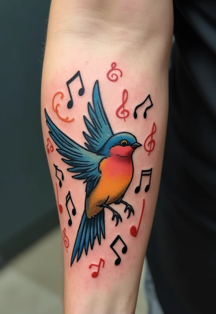 50 Sparrow Tattoos with Symbolism and Artistic Styles - 23. Sparrows with Music Notes