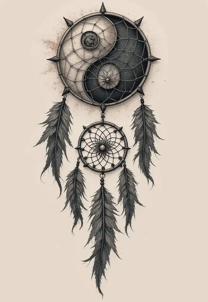 50 Yin Yang Tattoo Ideas with Balance and Harmony Symbolism - 23. Yin Yang with Dreamcatcher