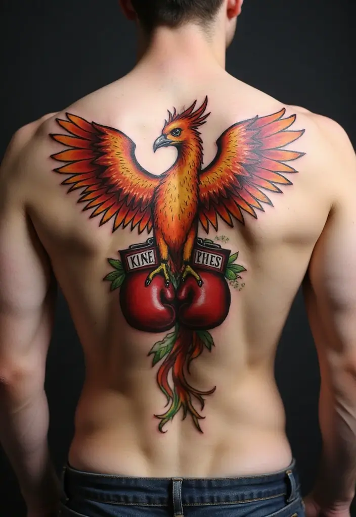50 Boxing Gloves Tattoo Designs That Embody Strength and Courage! 24 50 Boxing Gloves Tattoo Designs That Embody Strength and Courage! - 24. The Phoenix and Boxing Gloves