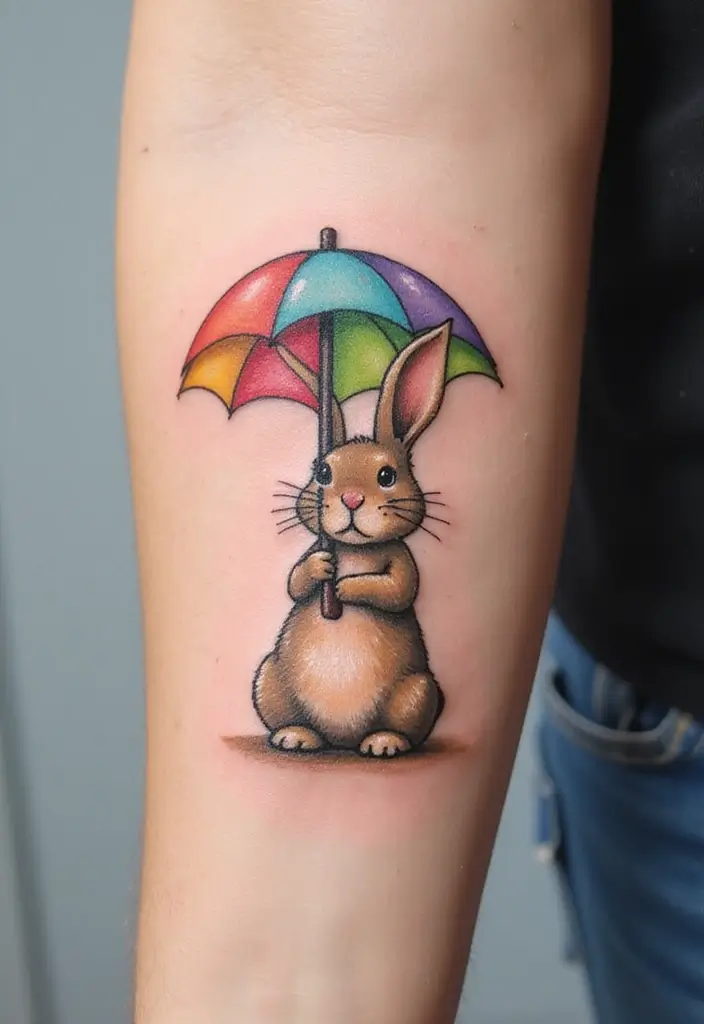 50 Bunny Tattoo Meaning Inspirations for Cute and Creative Designs - 24. Bunny with an Umbrella