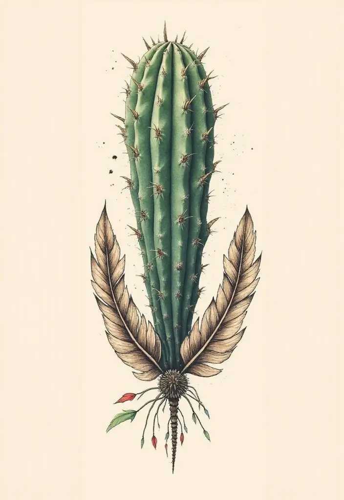 50 Cactus Tattoo Ideas with Minimalist and Symbolic Styles 24 50 Cactus Tattoo Ideas with Minimalist and Symbolic Styles - 24. Cactus and Feathers