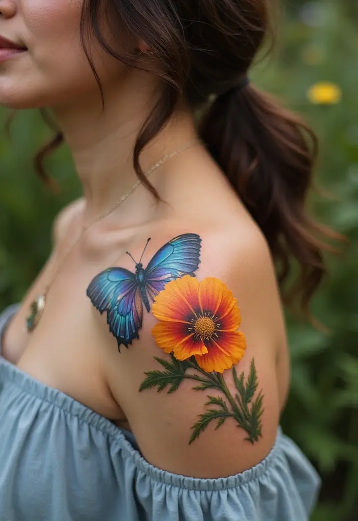 50 California Poppy Tattoo Ideas with Symbolism and Beauty - 24. California Poppy with Butterfly
