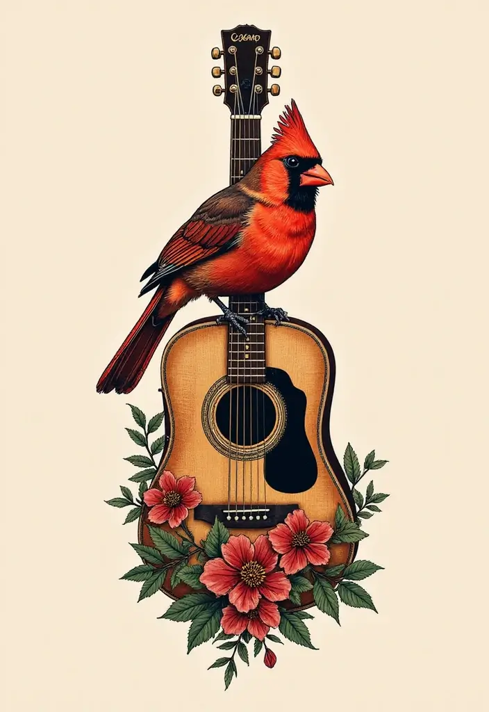 50 Cardinal Tattoo Ideas with Symbolism and Beautiful Designs - 24. Cardinal on a Guitar