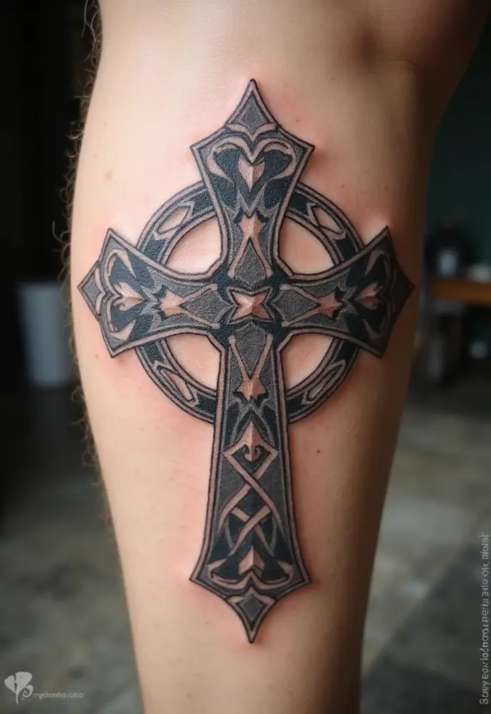 30 Celtic Cross Tattoos for Men and Women with Spiritual Value 24 30 Celtic Cross Tattoos for Men and Women with Spiritual Value - 24. Celtic Cross with Geometric Patterns