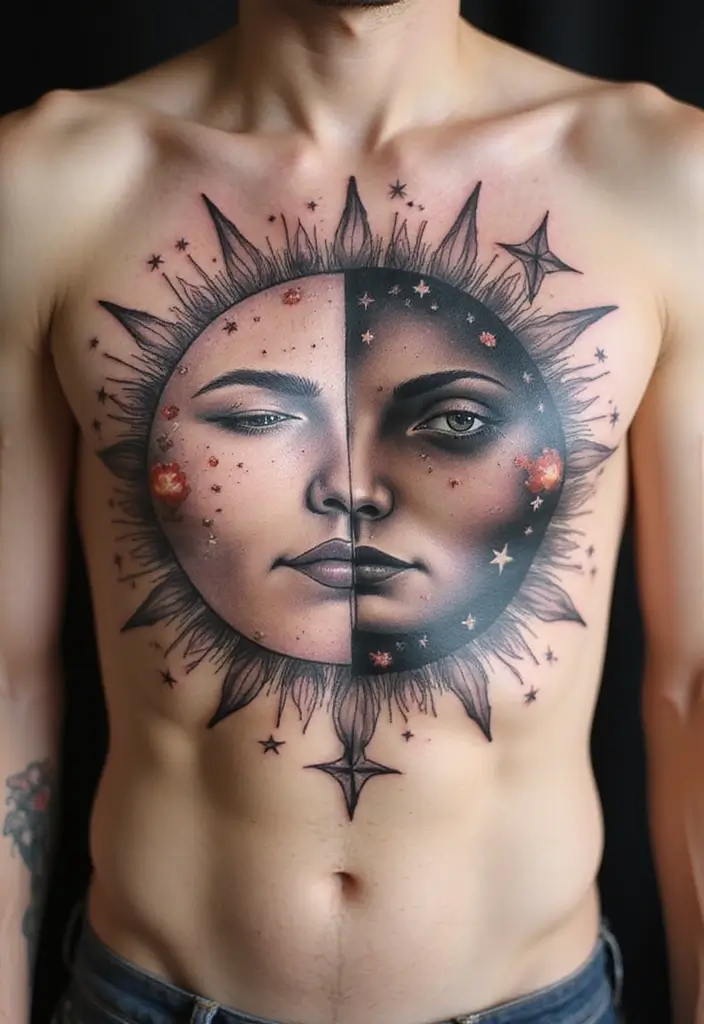 50 Best Chest Tattoo Ideas for Men and Women in 2025 24 50 Best Chest Tattoo Ideas for Men and Women in 2025 - 24. Sun and Moon