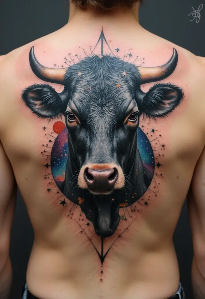 50 Cow Tattoo Designs with Fun and Unique Symbolism - 24. Cow with Cosmic Elements