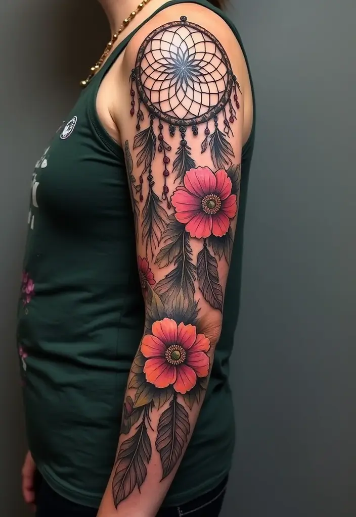 50 Dreamcatcher Tattoo Ideas with Cultural Symbolism 24 50 Dreamcatcher Tattoo Ideas with Cultural Symbolism - 24. Dreamcatcher as Sleeve Tattoo