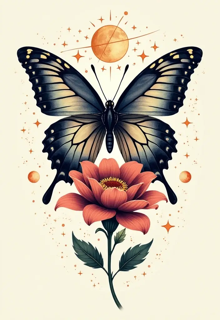 50 Half Butterfly Half Flower Tattoo Designs and Inspirations - 24. Celestial Elements