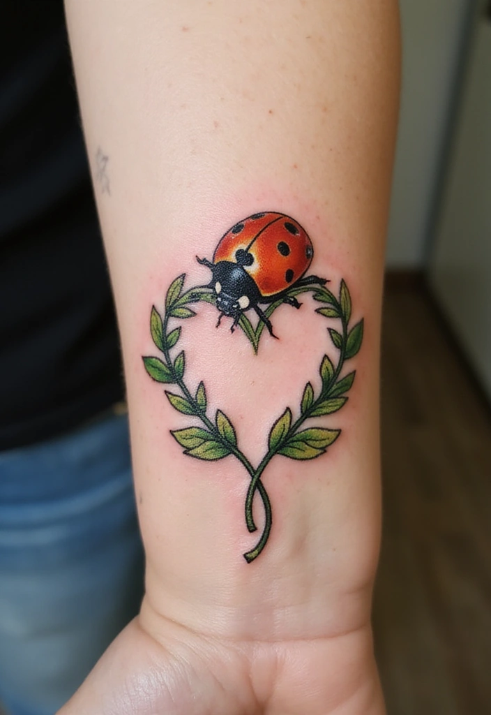 30 Ladybug Tattoo Ideas with Cute and Symbolic Designs 24 30 Ladybug Tattoo Ideas with Cute and Symbolic Designs - 24. Ladybug with a Heart-Shaped Vine