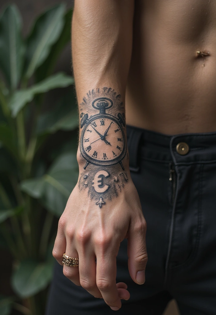 30 Money Tattoo Designs with Symbolism and Creative Styles - 24. The Clock of Wealth