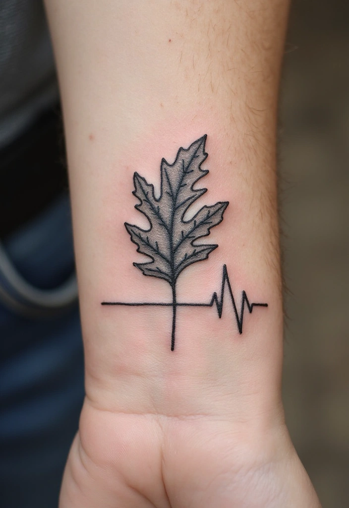 30 Oak Leaf Tattoo Designs with Nature-Inspired Symbolism - 24. Oak Leaf and Heartbeat Tattoo