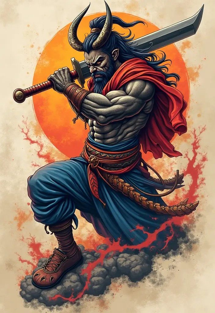 50 Oni Tattoo Designs with Powerful Japanese Symbolism 24 50 Oni Tattoo Designs with Powerful Japanese Symbolism - 24. Oni with a Sword