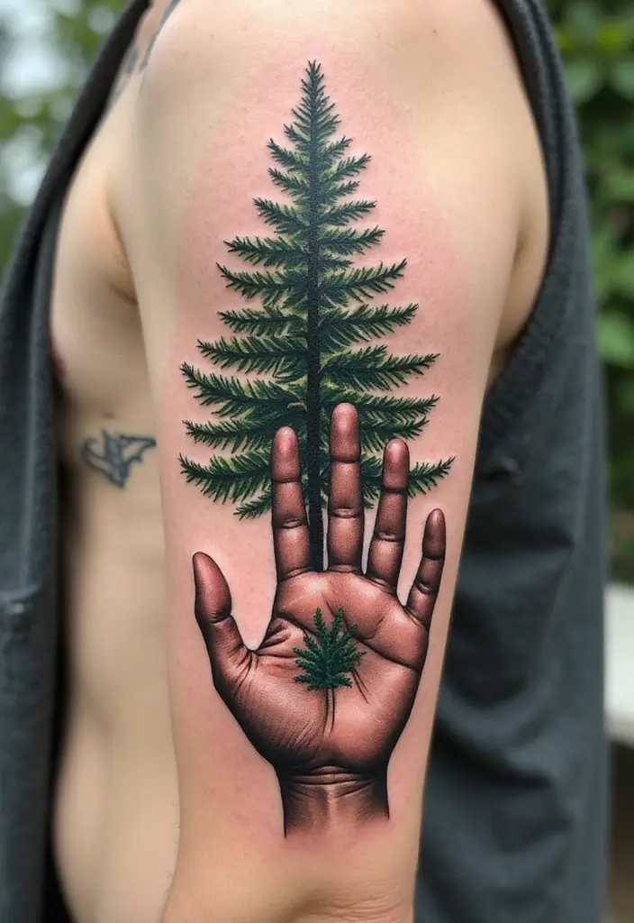 30 Pine Tree Tattoo Ideas with Nature-Inspired Symbolism - 24. Pine Tree and Handprint