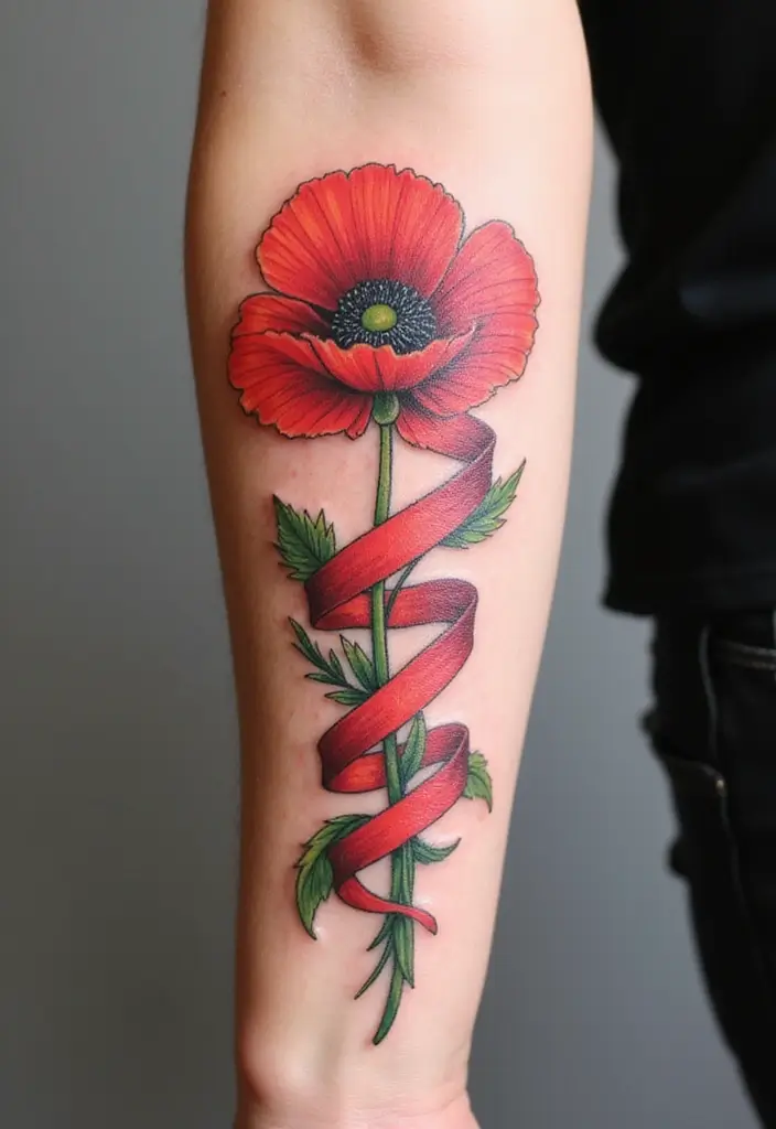 30 Poppy Tattoo Ideas with Symbolic Meanings 24 30 Poppy Tattoo Ideas with Symbolic Meanings - 24. Poppy with Ribbons