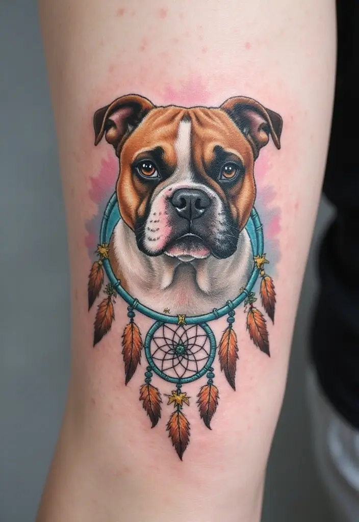 30 Realistic English and French Bulldog Tattoos You’ll Love - 24. Bulldog with a Dreamcatcher