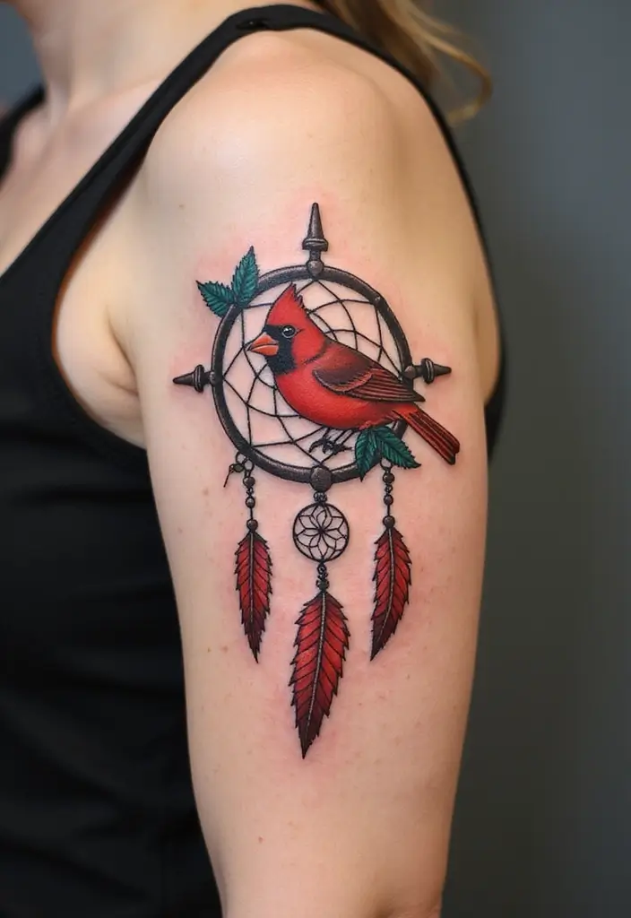 30 Small Cardinal Tattoos for Unique Inspiration 24 30 Small Cardinal Tattoos for Unique Inspiration - 24. Cardinal in a Dreamcatcher
