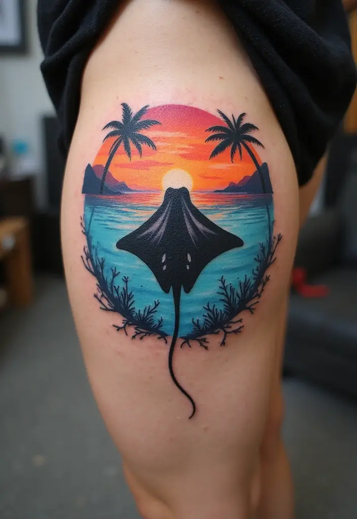 50 Stingray Tattoo Designs and Their Symbolic Meanings - 24. Stingray Silhouette with Landscape