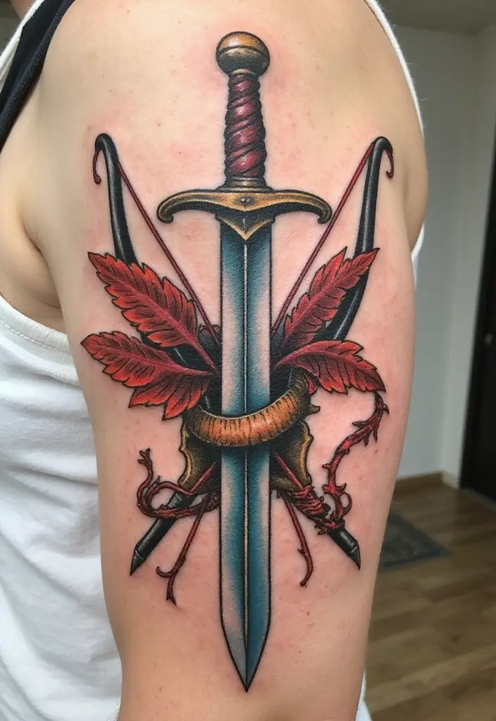 50 Sword Tattoo Designs and Symbolism to Inspire Your Next Ink 24 50 Sword Tattoo Designs and Symbolism to Inspire Your Next Ink - 24. Sword and Bow