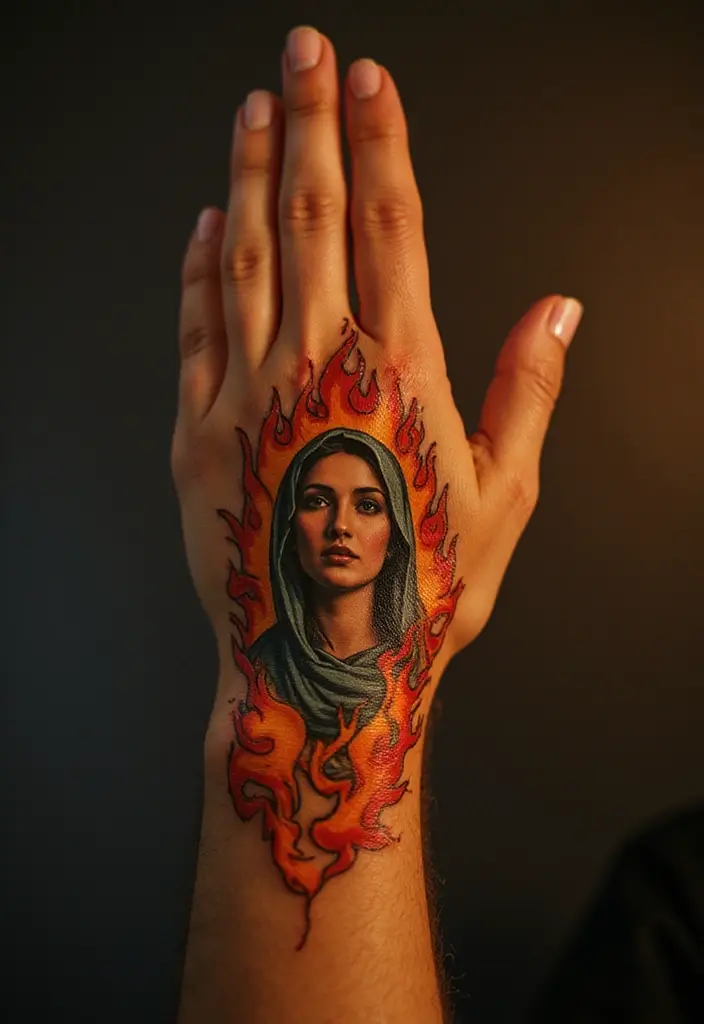 50 Virgin Mary Hand Tattoos with Spiritual and Artistic Designs - 24. Virgin Mary with Flames