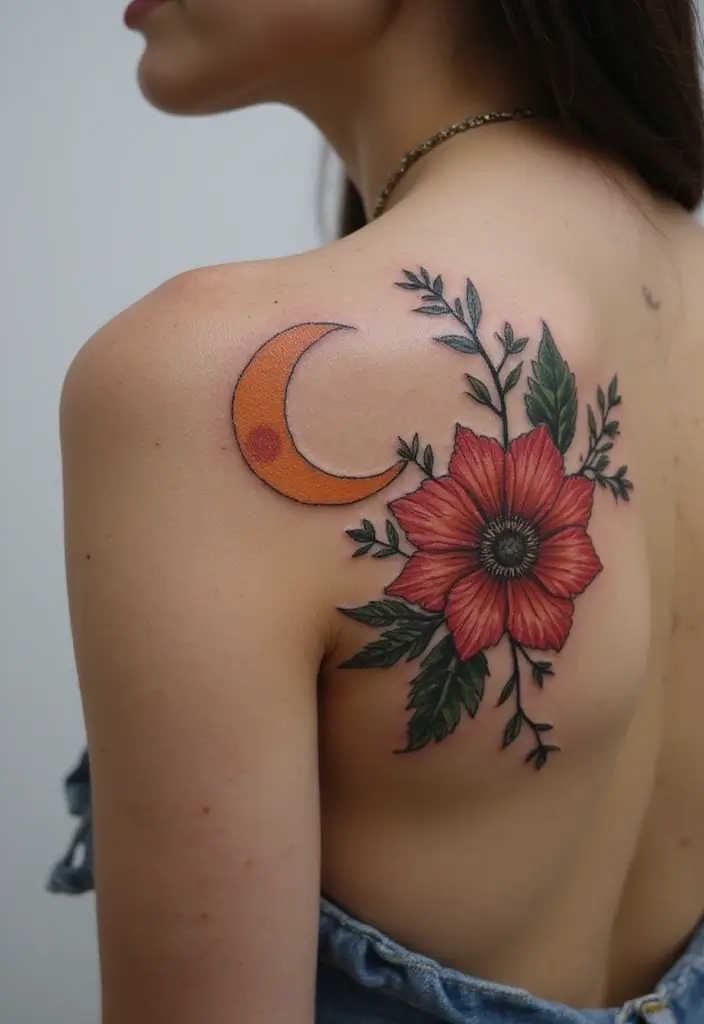 50 Wildflower Tattoo Ideas with Simple and Beautiful Designs 24 50 Wildflower Tattoo Ideas with Simple and Beautiful Designs - 24. Flower and Moon