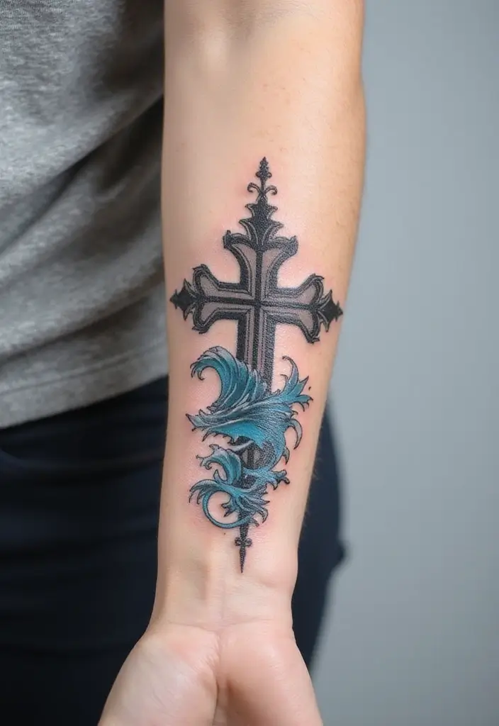 50 Cross Tattoo Ideas for Men and Women with Deep Meaning - 25. Cross with Waves