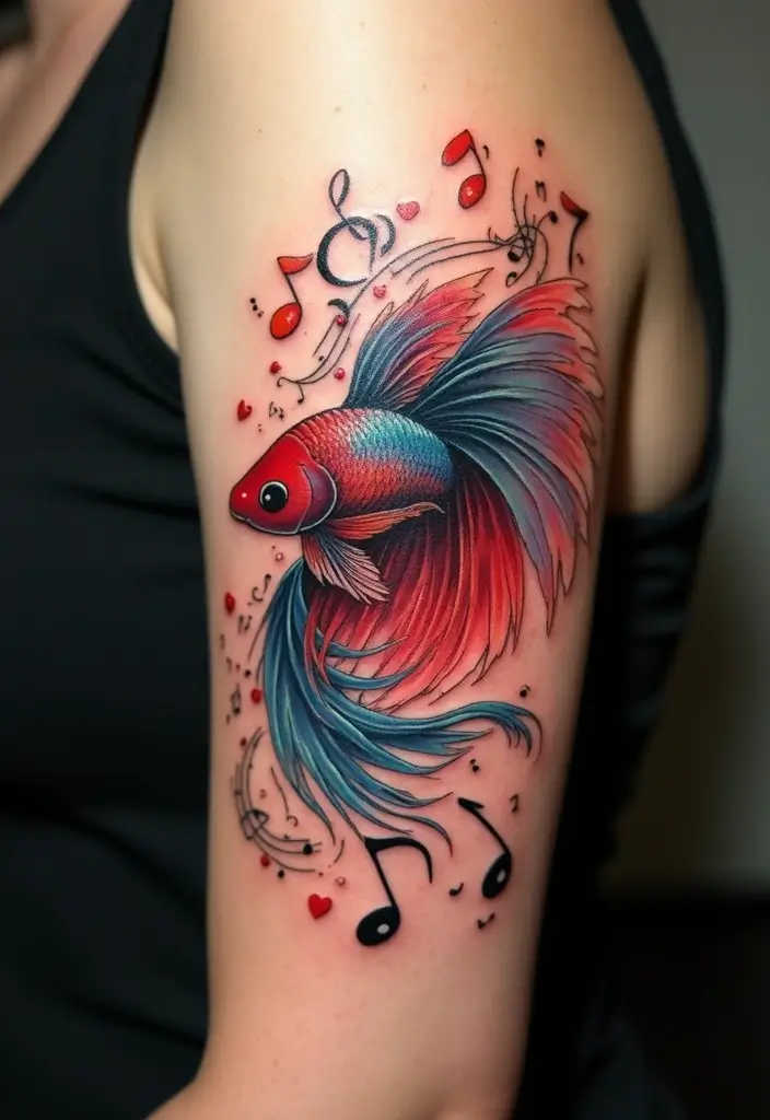 50 Betta Fish Tattoo Ideas with Unique and Colorful Designs 25 50 Betta Fish Tattoo Ideas with Unique and Colorful Designs - 25. Betta Fish with Musical Notes