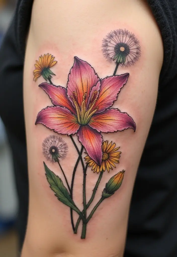 50 Stargazer Lily Tattoos with Elegant and Symbolic Designs 25 50 Stargazer Lily Tattoos with Elegant and Symbolic Designs - 25. Dandelion Accompaniment