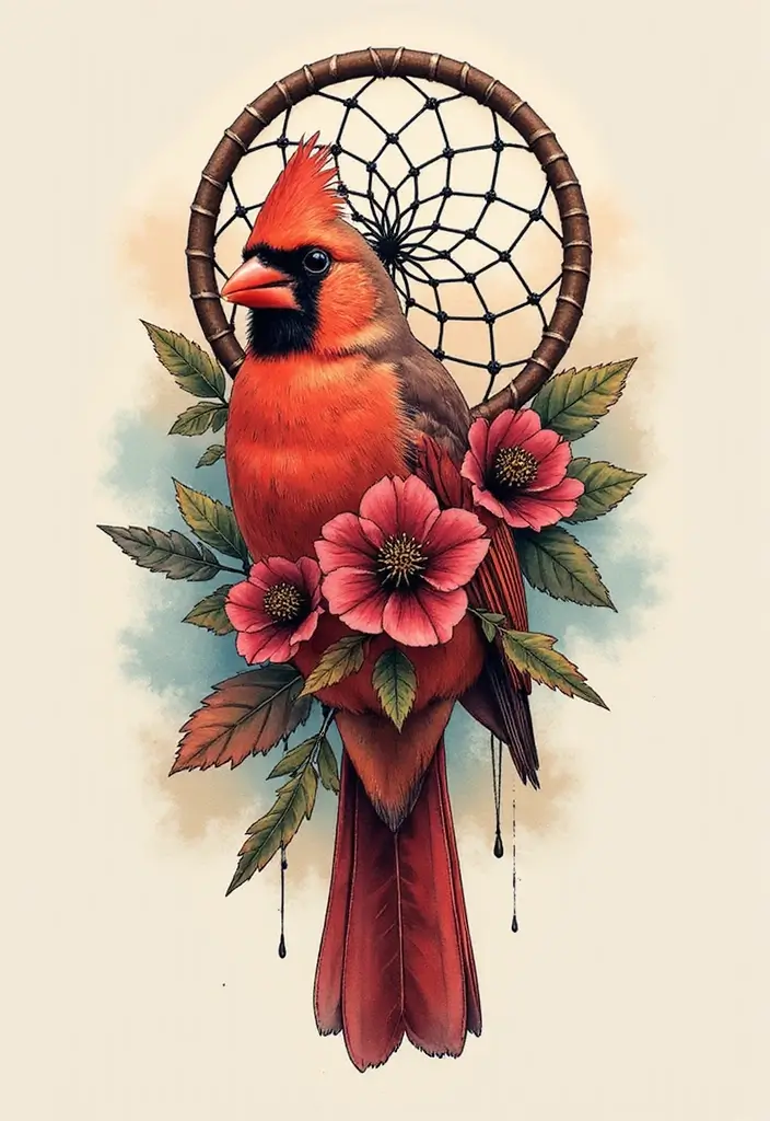 50 Cardinal Tattoo Ideas with Symbolism and Beautiful Designs - 25. Cardinal and a Dreamcatcher