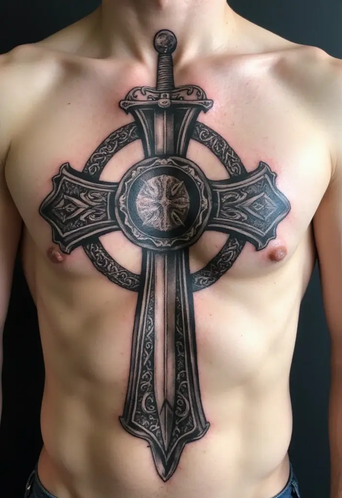 30 Celtic Cross Tattoos for Men and Women with Spiritual Value 25 30 Celtic Cross Tattoos for Men and Women with Spiritual Value - 25. Celtic Cross with a Shield and Sword
