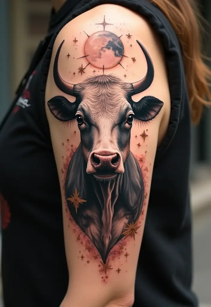 50 Cow Tattoo Designs with Fun and Unique Symbolism - 25. Cow with Celestial Bodies