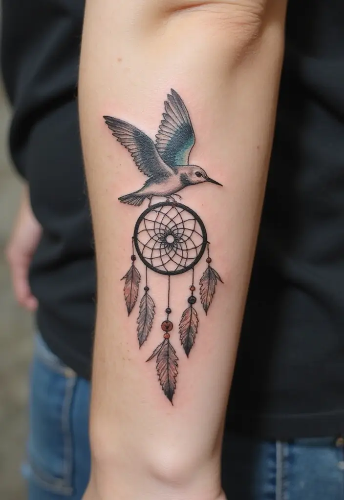 50 Dreamcatcher Tattoo Ideas with Cultural Symbolism 25 50 Dreamcatcher Tattoo Ideas with Cultural Symbolism - 25. Dreamcatcher with a Bird