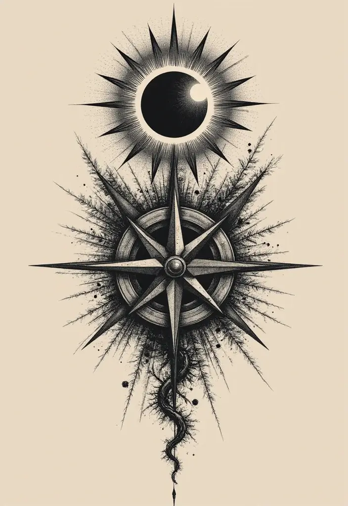 50 Eclipse Tattoo Designs with Powerful Meaning and Symbolism - 25. Eclipse with Compass