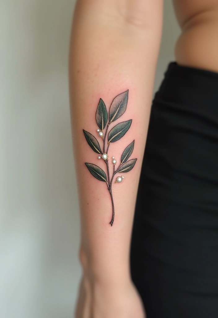 30 Olive Branch Tattoo Meaning and Design Inspirations - 25. Olive Branch with Pearls