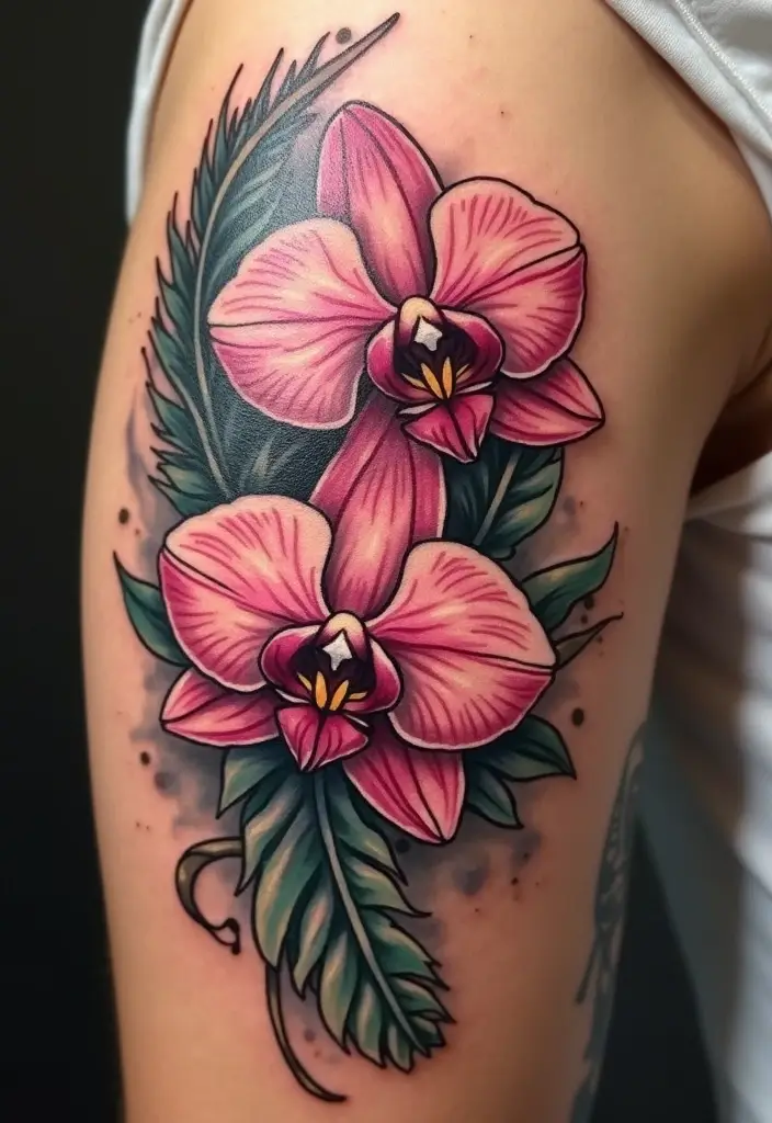30 Orchid Tattoos That Represent Elegance and Beauty - 25. Orchid and Feather Tattoo