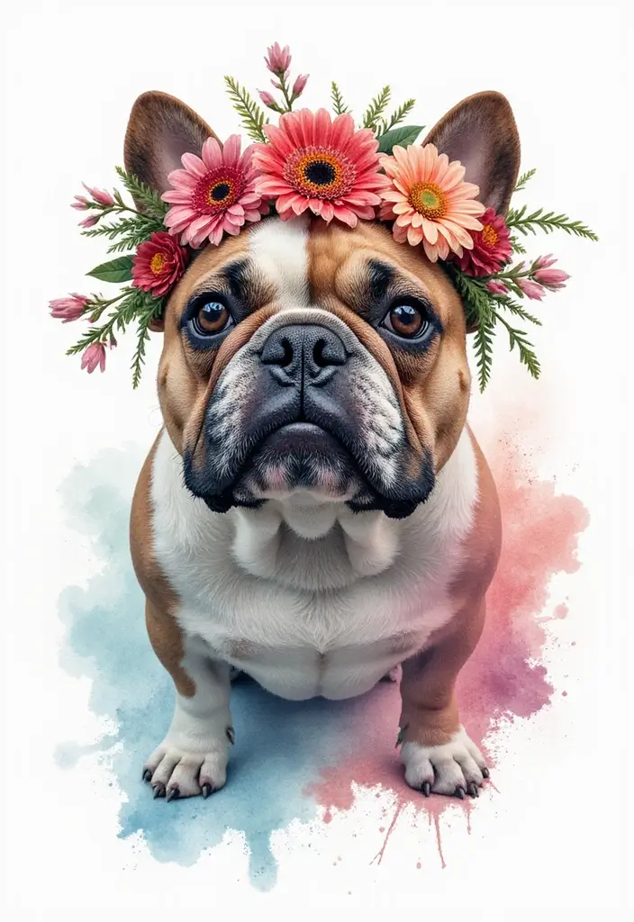 30 Realistic English and French Bulldog Tattoos You’ll Love - 25. Bulldog with a Crown of Flowers
