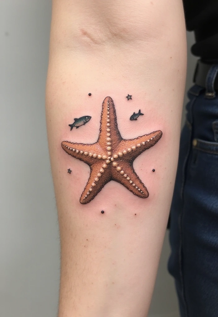30 Simple Starfish Tattoo Ideas with Minimalist Symbolism 25 30 Simple Starfish Tattoo Ideas with Minimalist Symbolism - 25. Starfish and Small Fish