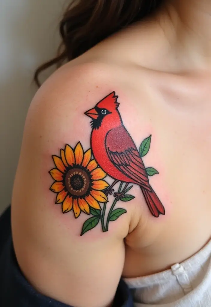 30 Small Cardinal Tattoos for Unique Inspiration 25 30 Small Cardinal Tattoos for Unique Inspiration - 25. Cardinal and Sunflower