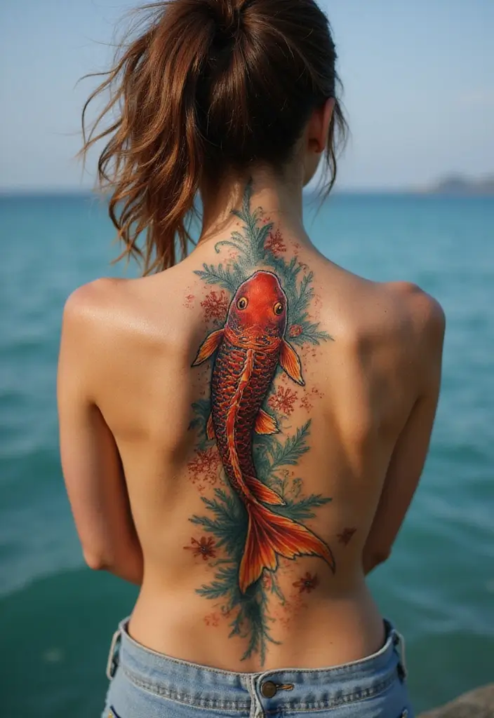 99 Stunning Spine Tattoos for Women to Inspire Your Next Ink - 25. Koi Fish