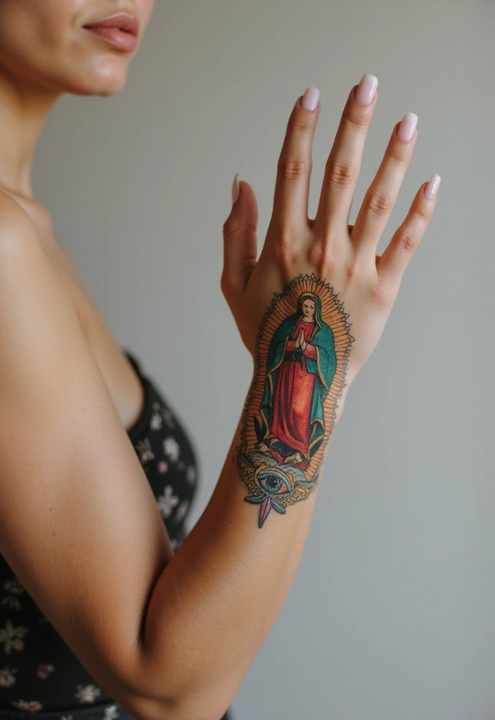 50 Virgin Mary Hand Tattoos with Spiritual and Artistic Designs - 25. Virgin Mary with Eye of Providence