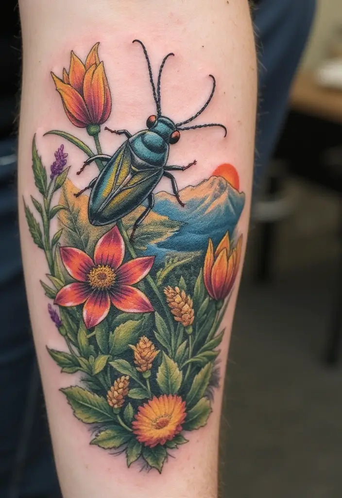 50 Bug Pin Tattoo Designs That Are Unique and Creative - 26. Insect and Nature Scenes