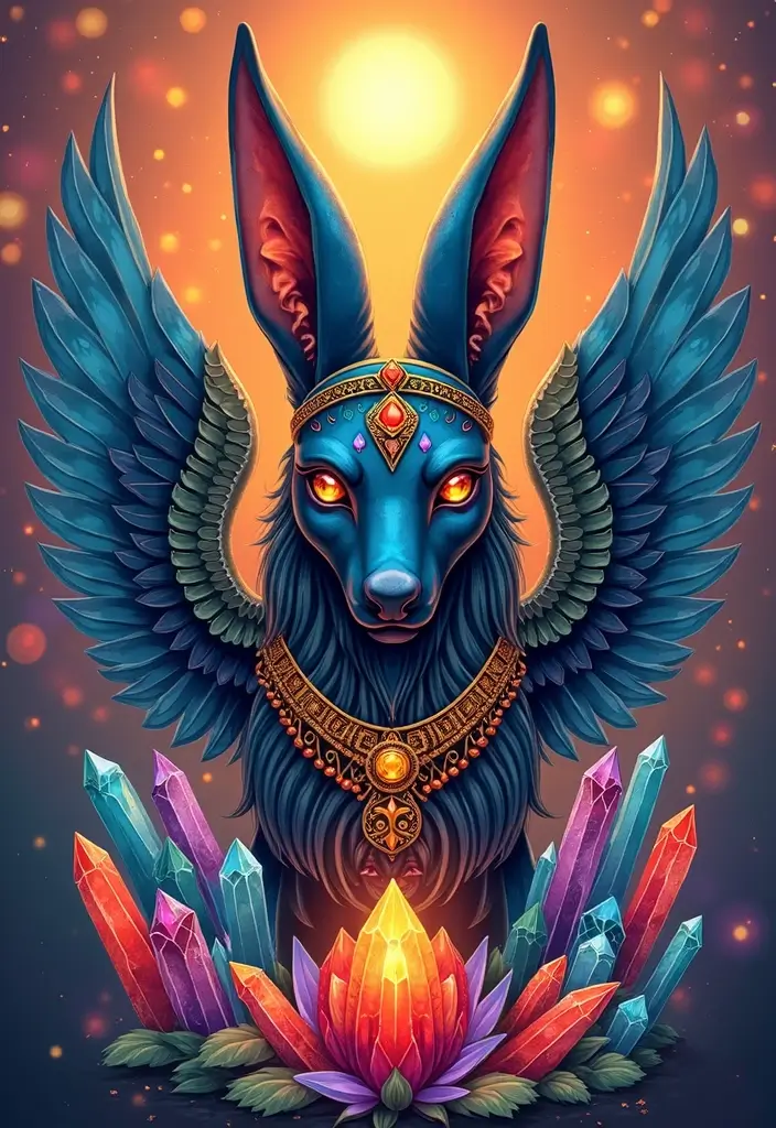 30 Anubis Tattoo Designs with Ancient Egyptian Symbolism 26 30 Anubis Tattoo Designs with Ancient Egyptian Symbolism - 26. Anubis with Crystal Elements