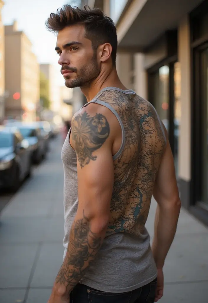 30 Back Tattoo Ideas for Men with Bold and Powerful Designs 26 30 Back Tattoo Ideas for Men with Bold and Powerful Designs - 26. Cartography