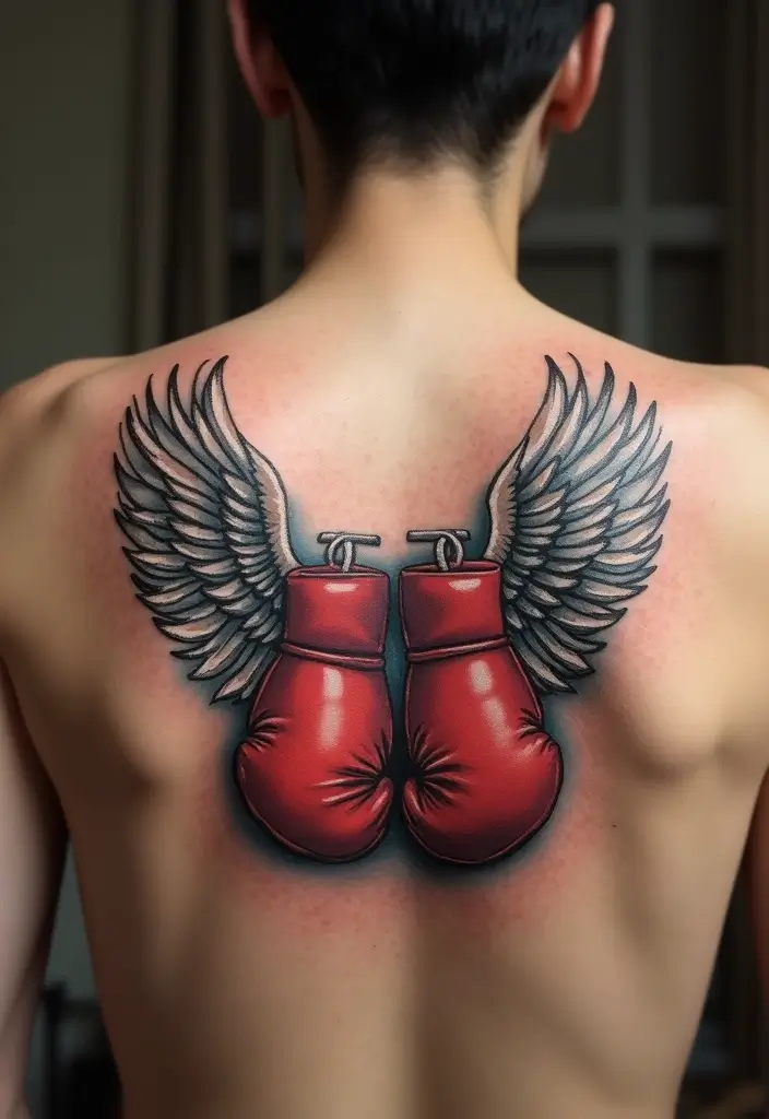50 Boxing Gloves Tattoo Designs That Embody Strength and Courage! 26 50 Boxing Gloves Tattoo Designs That Embody Strength and Courage! - 26. Guardian Angel Boxing Gloves