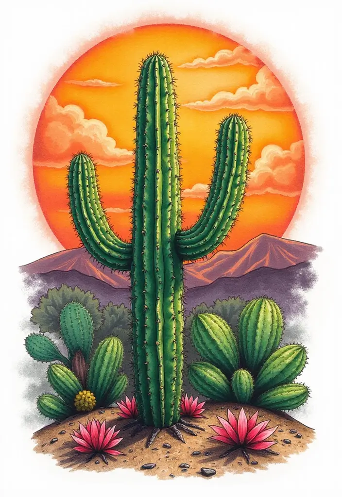 50 Cactus Tattoo Ideas with Minimalist and Symbolic Styles 26 50 Cactus Tattoo Ideas with Minimalist and Symbolic Styles - 26. Cactus in the Desert Sun