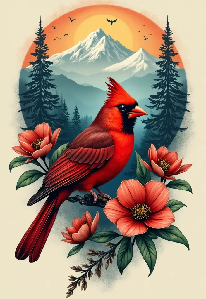 50 Cardinal Tattoo Ideas with Symbolism and Beautiful Designs - 26. Cardinal with a Landscape