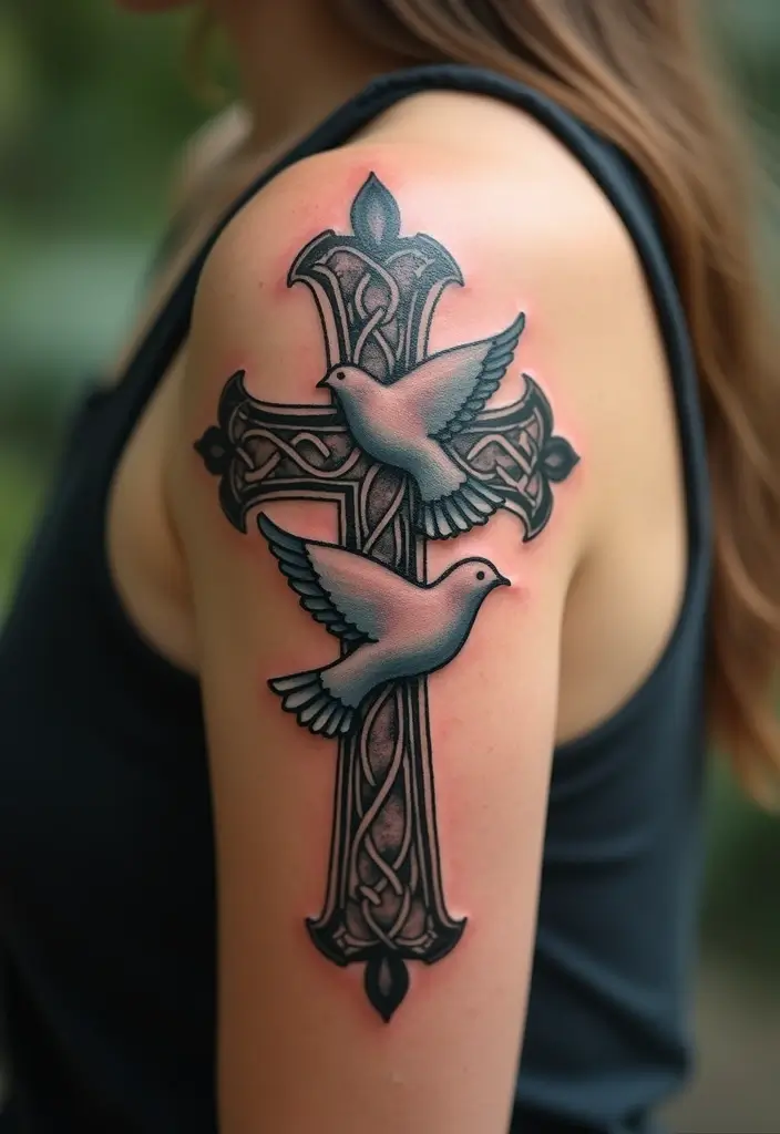 30 Celtic Cross Tattoos for Men and Women with Spiritual Value 26 30 Celtic Cross Tattoos for Men and Women with Spiritual Value - 26. Celtic Cross with a Doves