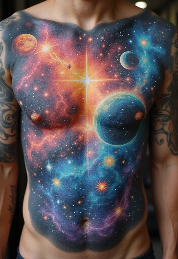 50 Best Chest Tattoo Ideas for Men and Women in 2025 26 50 Best Chest Tattoo Ideas for Men and Women in 2025 - 26. Cosmic Themes